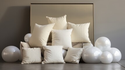  a pile of white pillows sitting on top of a bed next to a mirror with balloons in front of it.
