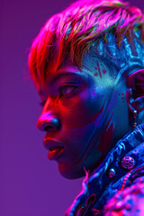 Portrait of Woman with cybernetic and colorful neon hair in a blue and purple outfit, light pink and red, mechanized forms, elegant, emotive faces

