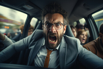 An angry commuter stuck in traffic, gesturing towards the congested road. Concept of road rage and...