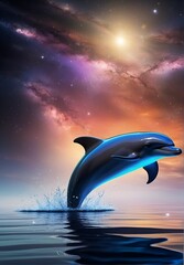 a dolphin jumping over the water against the background of a fantastic sky in bright colors