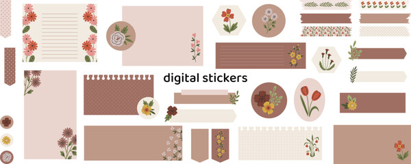 Floral digital stickers. Digital note papers and stickers for bullet journaling or planning. Digital planner stickers. Vector art. - 699845423