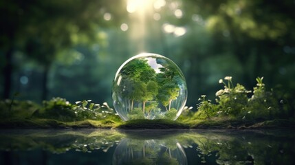  a glass ball sitting in the middle of a forest filled with lots of green plants and a lake in front of it. - obrazy, fototapety, plakaty