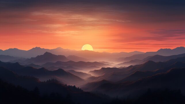  a painting of a sunset over a mountain range with the sun rising over the mountains and trees in the foreground.