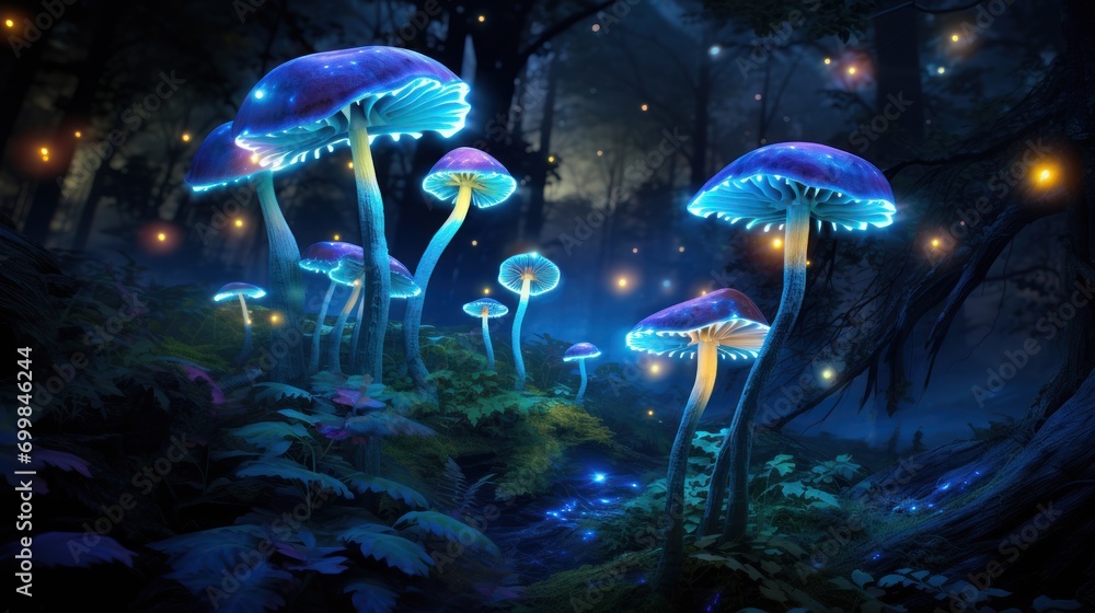 Sticker a group of blue mushrooms in a forest at night with fireflies and fireflies in the sky above them.