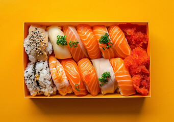 Vibrant Sushi Selection in Sunshine Box