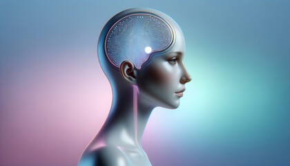 Futuristic brain-computer interface device on model with tranquil gradient backdrop.