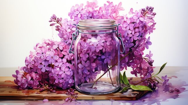  a painting of purple lilacs in a mason jar on a wooden cutting board with a green leafy branch.