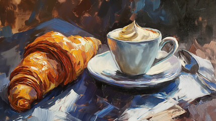 Cup of Cappuccino and croissant oil paint drawing. French breakfast illustration. Coffee in a painting in the Impressionist style. Canvas texture with big brush strokes. Hot drink with sweet baking. - obrazy, fototapety, plakaty