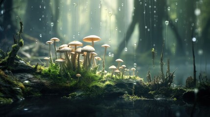  a group of mushrooms sitting on top of a lush green forest covered in raindrops on top of a moss covered forest floor. - obrazy, fototapety, plakaty