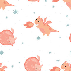 Seamless pattern with cute dragons. Ideal for printing on fabric, paper and cards.