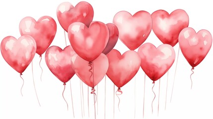 Red heart shaped balloons, watercolor painting. Greeting card template for Wedding, mothers or womans day, Valentine's day