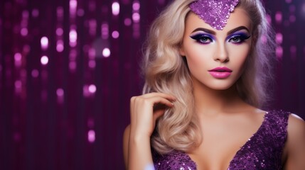 Young elegant glamorous blonde with bright makeup in a festive purple sequin dress on a sparkling...