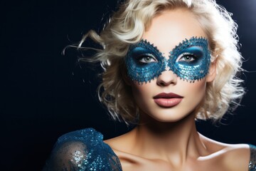Portrait of elegant glamorous blonde with bright makeup in festive dress and blue masquerade mask on a dark background. Banner with copy space. Ideal for fashion, event promotions, or luxury content. - obrazy, fototapety, plakaty