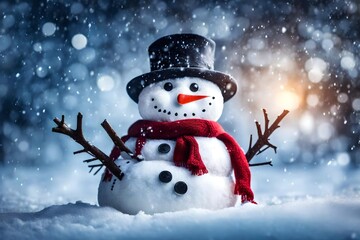 Merry christmas and happy new year greeting card with copy-space.Happy snowman standing in winter christmas  - obrazy, fototapety, plakaty