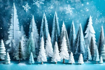 Fototapeta na wymiar Magical miniature winter wonderland banner. Evergreen christmas trees on shiny blue background -