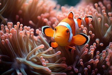 Naklejka na ściany i meble An image of a clownfish nestled among the tentacles of a sea anemone, exemplifying the symbiotic protection and shelter provided by the anemone. Generative Ai.