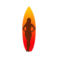 Logo club de surf. Silueta de mujer de pie frente a tabla de surf