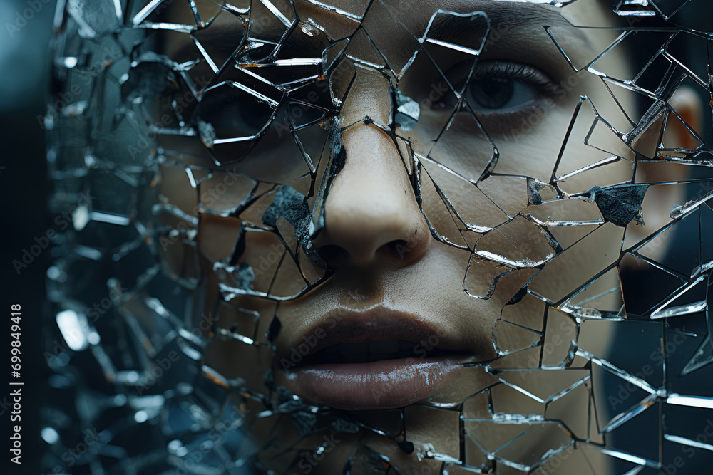 Poster an image of a shattered mirror reflecting a unified image, embodying the paradox of fragmentation co