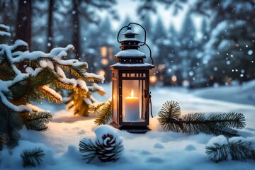 Christmas lantern in snow with fir tree branch. Winter cozy scene  - obrazy, fototapety, plakaty