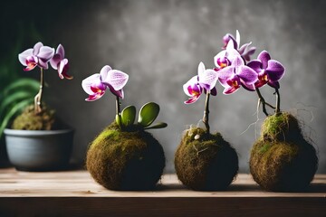 Kokedama orchid japanese moss ball plant. Gardening at home DIY decor crafts banner panoramic - obrazy, fototapety, plakaty