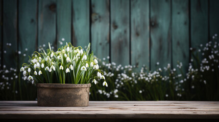 Fototapeta na wymiar Snowdrops in a vintage pot, a rustic and charming celebration of early spring.