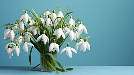 Crystal clear vase of snowdrops on a cool blue surface, a symbol of purity and renewal.