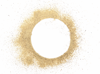 Milled white pepper powder pile, frame peppercorn spice isolated on white background, top view