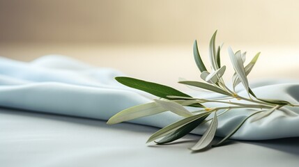 A peaceful olive branch on a soft fabric, evoking a sense of tranquility and natural elegance.