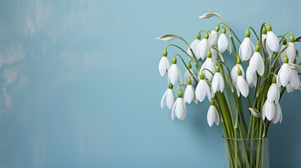 A vase full of snowdrops against a blue background, a bright and hopeful symbol of early spring.
