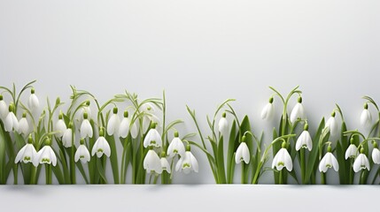 A neat row of snowdrop flowers lines the foreground, their purity signaling the end of winter. - obrazy, fototapety, plakaty