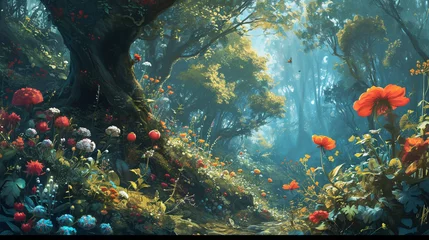 Gordijnen Whimsical Wonderland Reverie:  A fantastical scene of a dreamlike wonderland, complete with talking creatures, vibrant flora, and enchanting landscapes © Наталья Евтехова