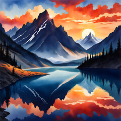 an awe-inspiring scene of towering mountains silhouetted against a fiery sunset sky casting long