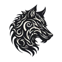 Schilderijen op glas a black and white tattoo of a wolf © ion