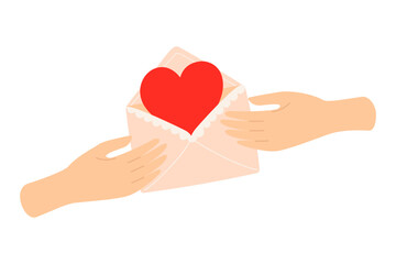 Giving love letter envelope with heart and love message. Hands receiving confession letter for Valentine's day. Vector cartoon element illustration on white background