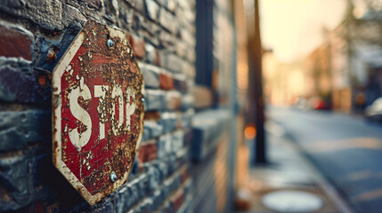 A vintage-style stop sign on an old brick wall, signboard, blurred background, with copy space