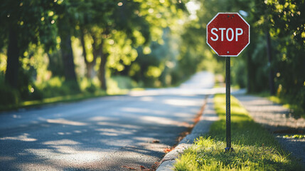 A stop sign on a school zone road, emphasizing child safety, signboard, blurred background, with copy space - obrazy, fototapety, plakaty