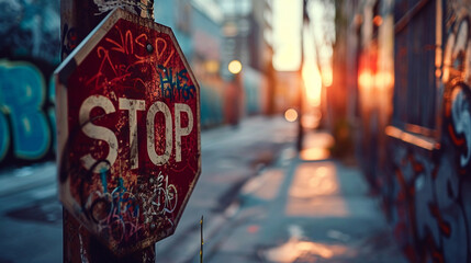 A stop sign with graffiti art on it, urban and edgy, signboard, blurred background, with copy space