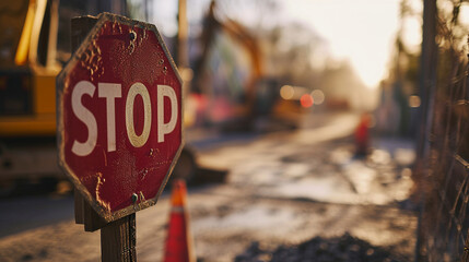 A stop sign at a construction site, ensuring worker safety, signboard, blurred background, with copy space - obrazy, fototapety, plakaty