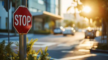 A stop sign at a hospital or emergency room driveway, signboard, blurred background, with copy space - obrazy, fototapety, plakaty