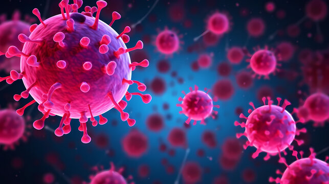 Panoramic view of stylized virus particles with minimalist design on bright neon pink background