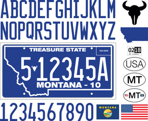 Montana car license plate blue style, letters, numbers and symbols, vector illustration, Montana State, USA
