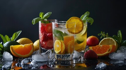 Mocktails of the World on a Flat Black Background, Ultra-Realistic Studio Photo