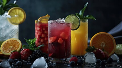 Fruit Cocktails of the World: Ultra-Realistic Studio Photo with Vibrant Colors and Exquisite Details on Black Background