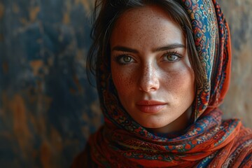 Beautiful Muslim girl from the east, Arab young woman in a headscarf, hijab, close-up portrait of beautiful eyes, freckles Palestine, Oman, Morocco