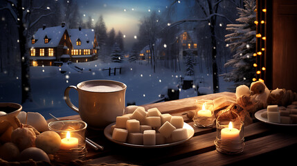 A cozy winter scene with a steaming mug of hot 