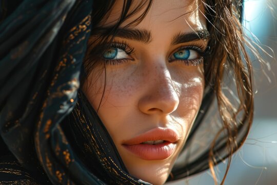 Beautiful Muslim girl from the east, Arab young woman in a headscarf, hijab, close-up portrait of beautiful eyes, freckles Palestine, Oman, Morocco