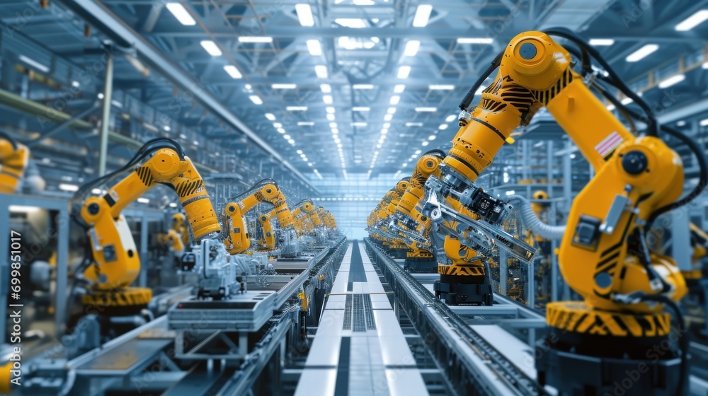 Poster a futuristic automated factory with robots, high-tech assembly lines, and smart manufacturing system