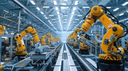 A futuristic automated factory with robots, high-tech assembly lines, and smart manufacturing systems