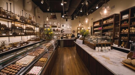 A gourmet chocolate shop with handmade truffles, display cases, and a chocolate-making workshop