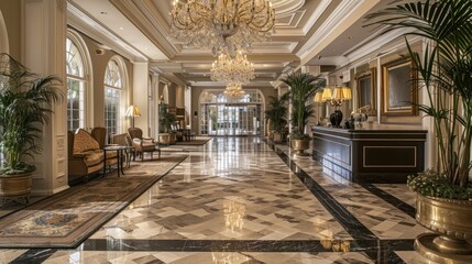 A grand hotel lobby with marble floors, a crystal chandelier, luxurious furnishings, and a concierge desk - obrazy, fototapety, plakaty